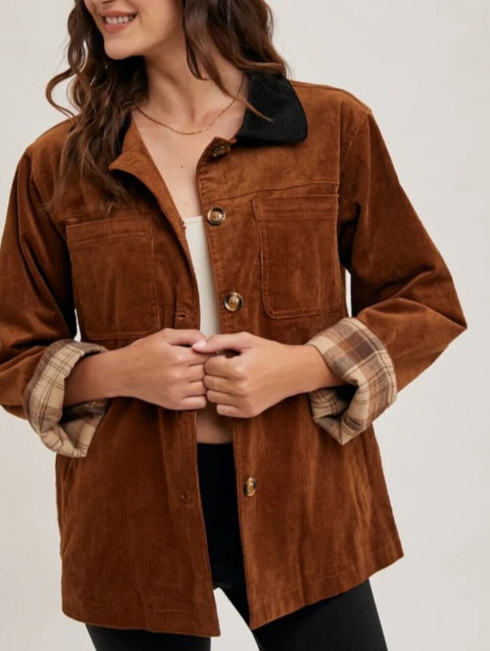 Bluivy Woven Corduroy Button-Up Jacket in Chestnut Brown Size L